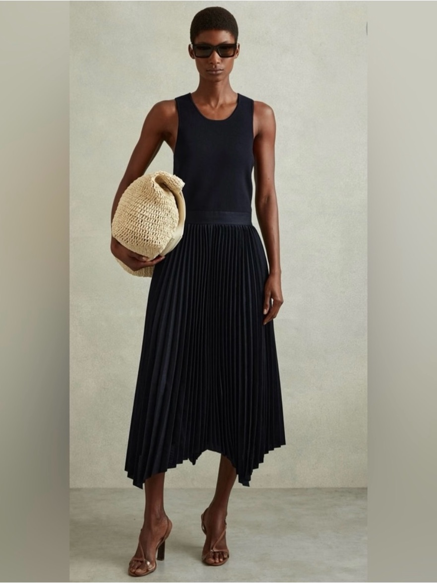 Reiss Navy Pleated Asymmetrical Midi Skirt